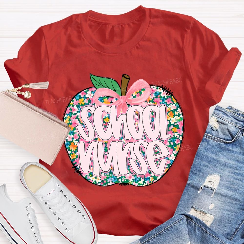 School Nurse Apple With Colorful Little Flowers T-shirt