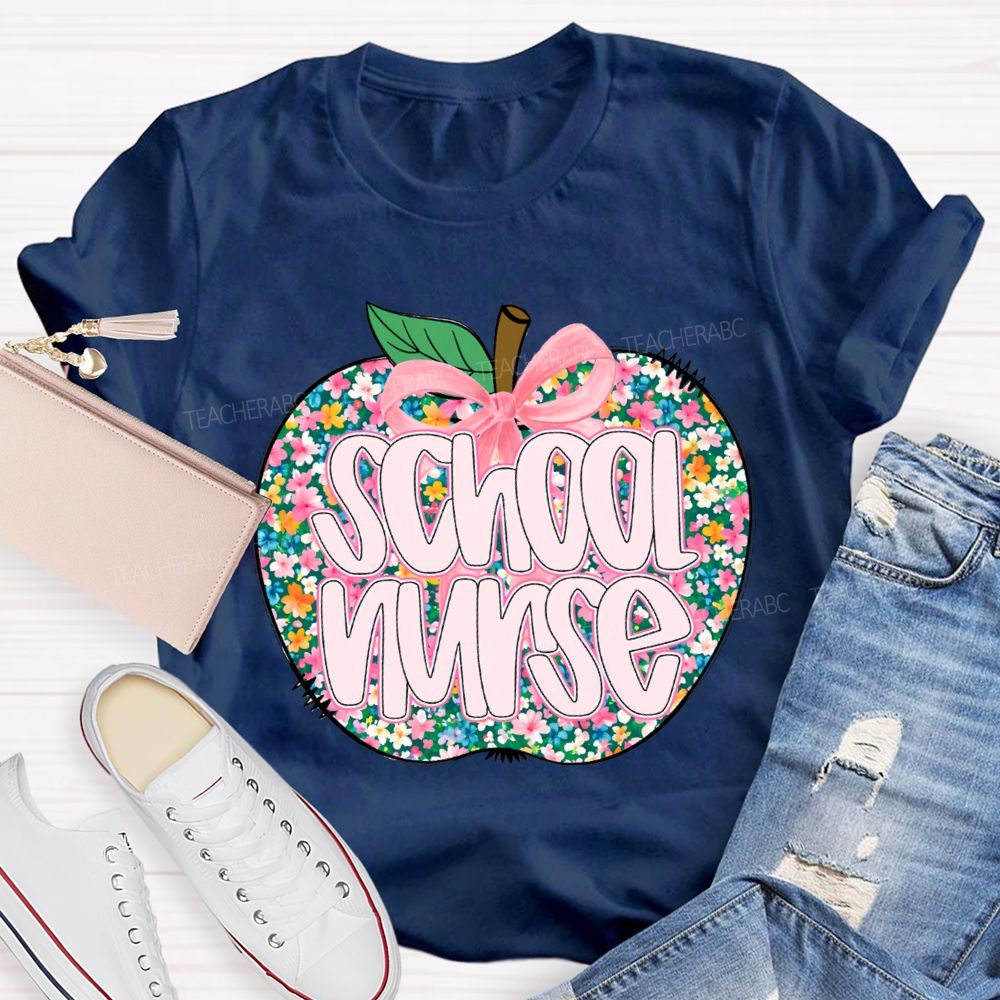School Nurse Apple With Colorful Little Flowers T-shirt