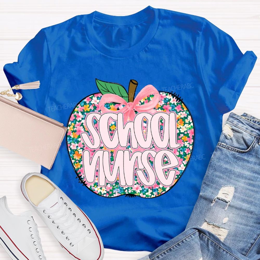 School Nurse Apple With Colorful Little Flowers T-shirt
