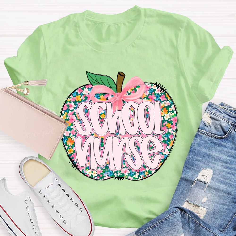 School Nurse Apple With Colorful Little Flowers T-shirt
