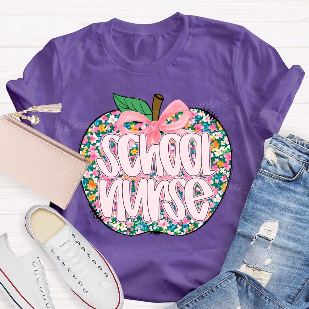 School Nurse Apple With Colorful Little Flowers T-shirt