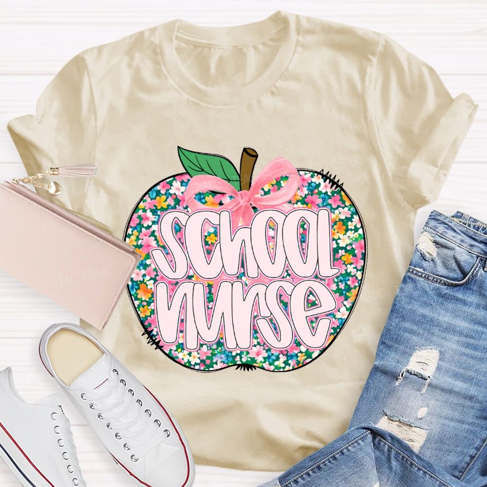 School Nurse Apple With Colorful Little Flowers T-shirt
