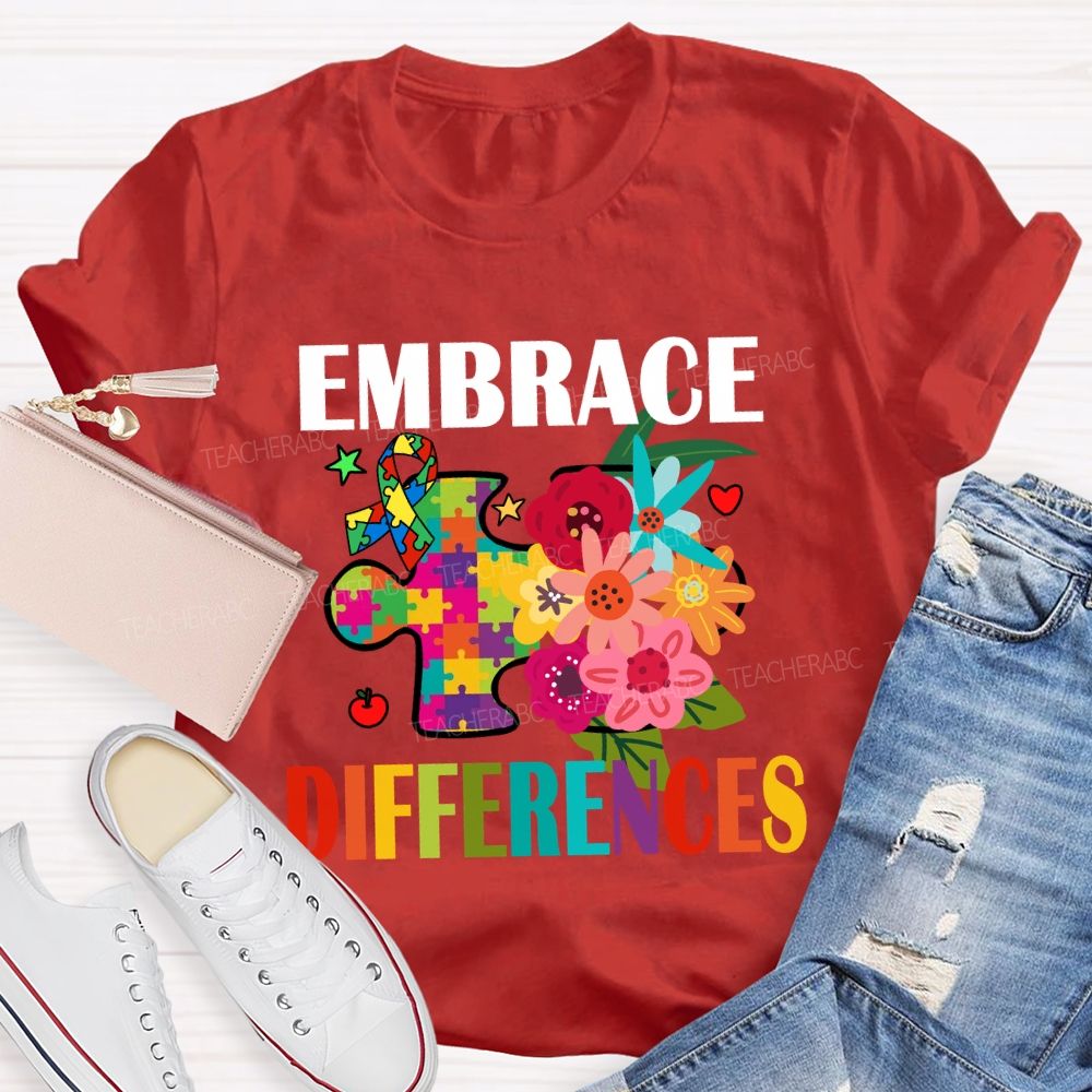 Embrace Difference Floral Puzzle Teacher T-Shirt