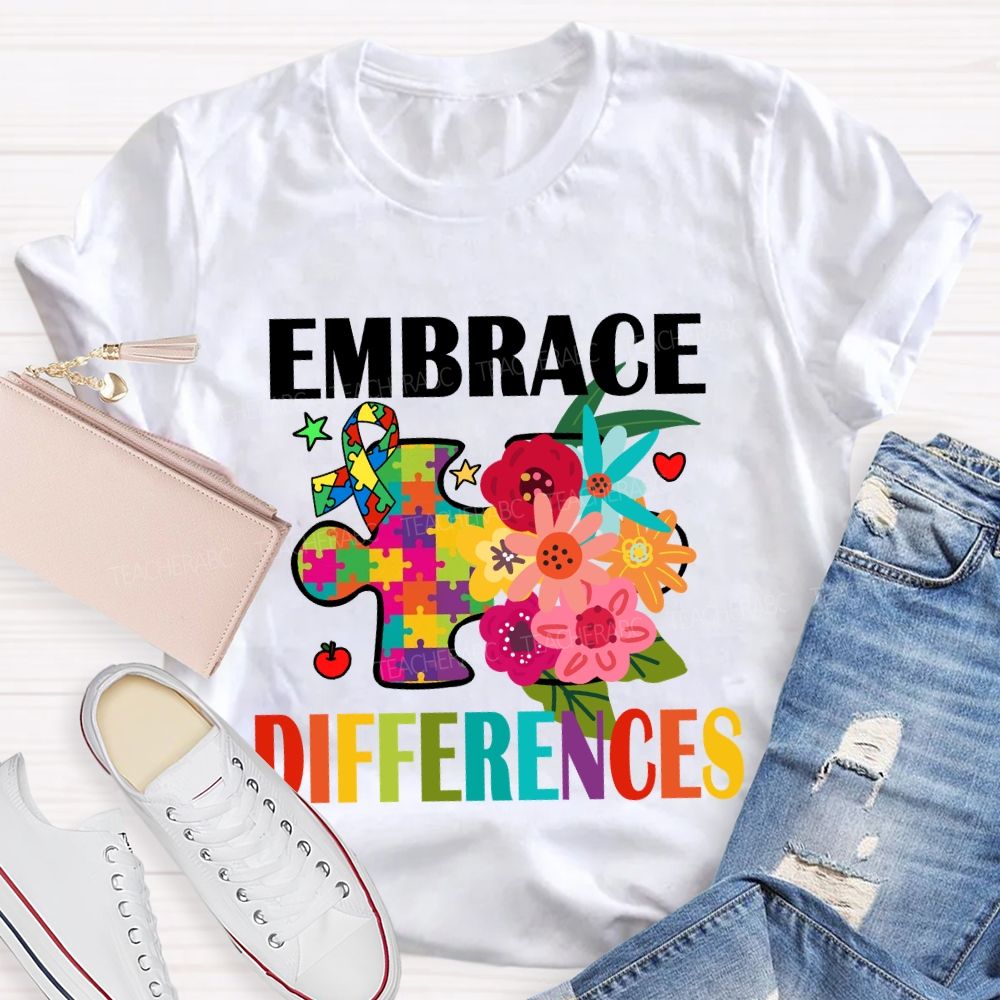Embrace Difference Floral Puzzle Teacher T-Shirt