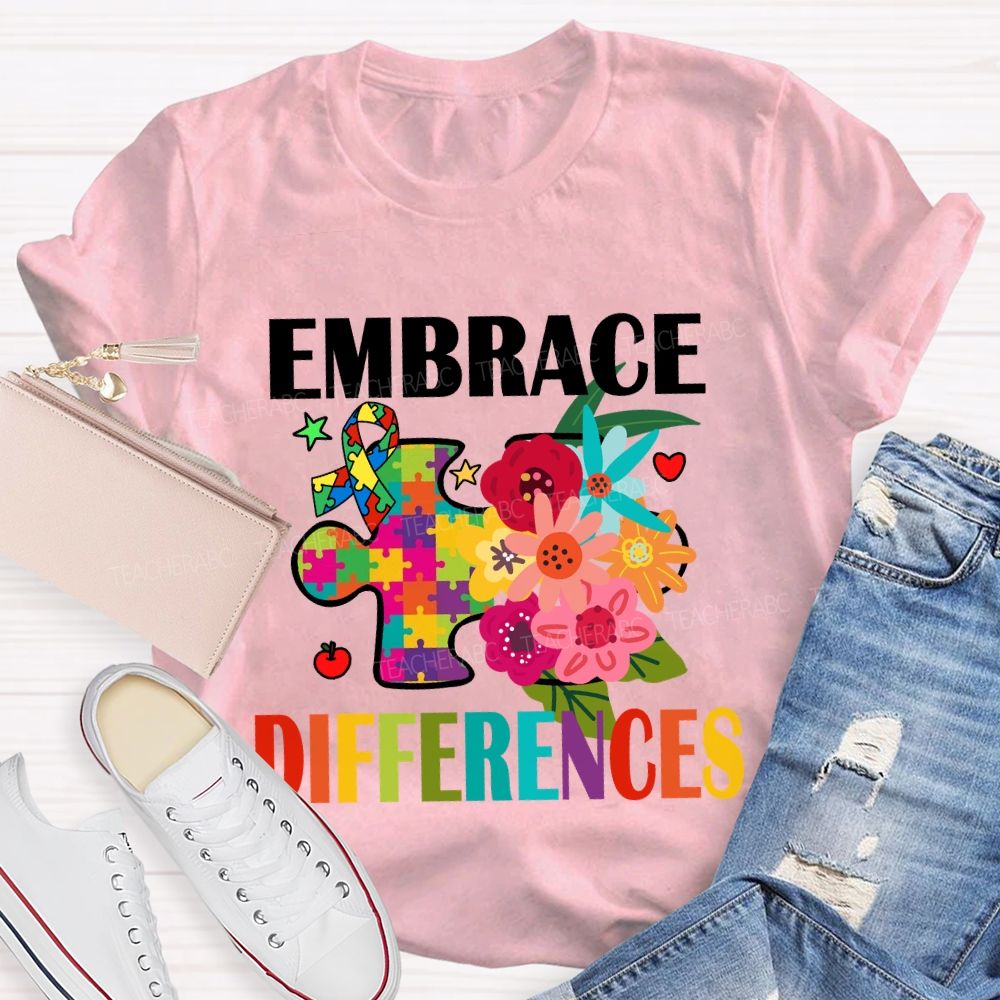 Embrace Difference Floral Puzzle Teacher T-Shirt
