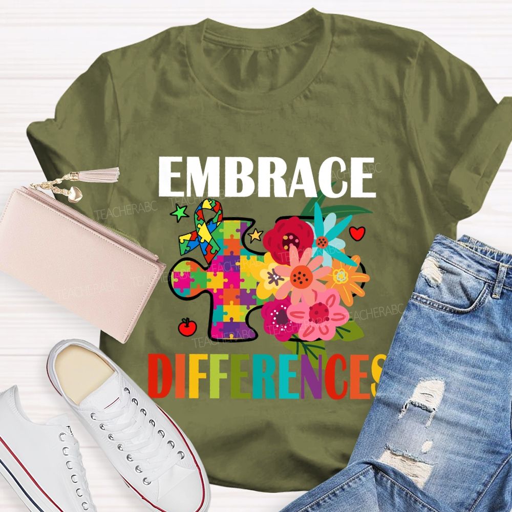 Embrace Difference Floral Puzzle Teacher T-Shirt