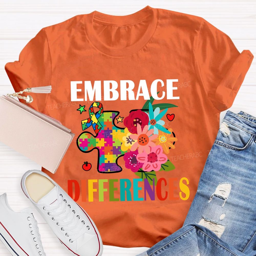 Embrace Difference Floral Puzzle Teacher T-Shirt