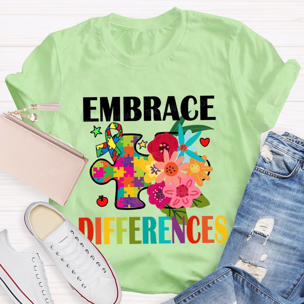 Embrace Difference Floral Puzzle Teacher T-Shirt