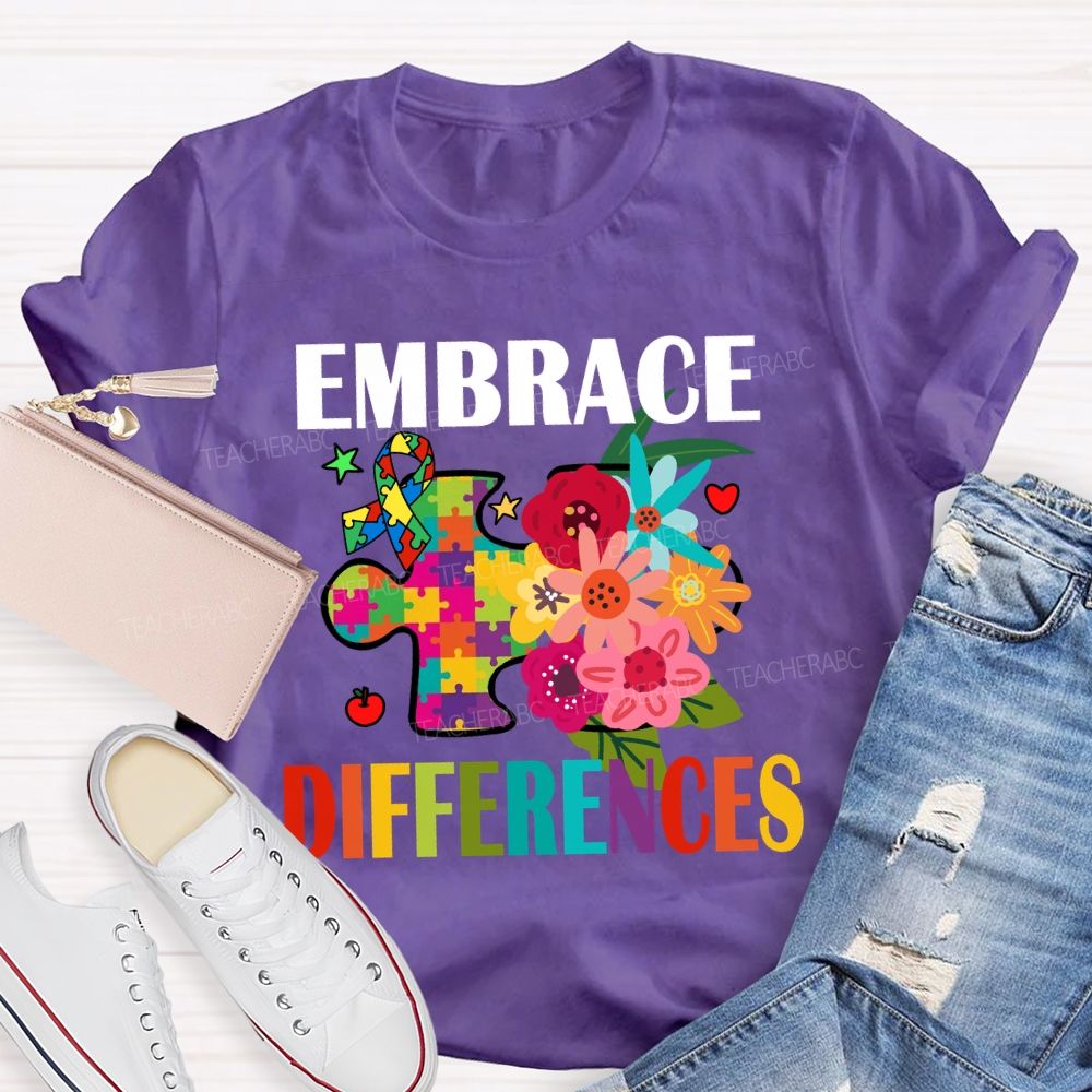 Embrace Difference Floral Puzzle Teacher T-Shirt