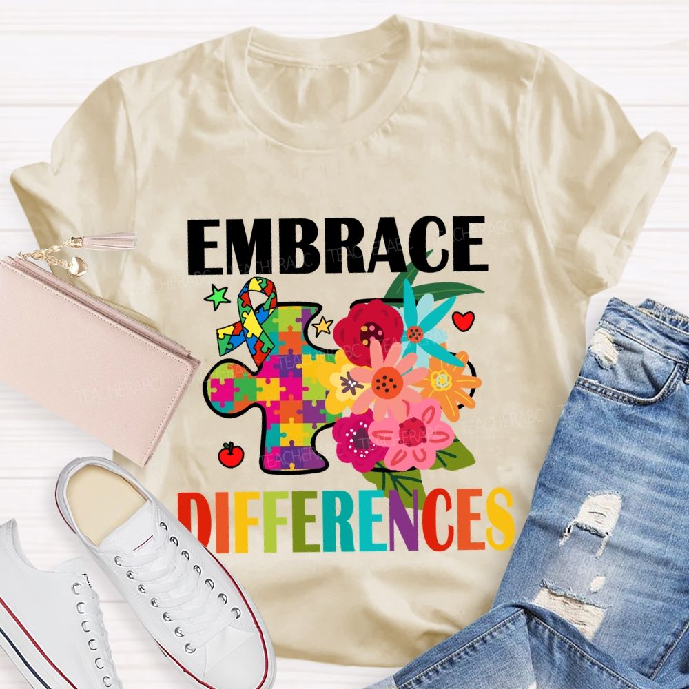 Embrace Difference Floral Puzzle Teacher T-Shirt