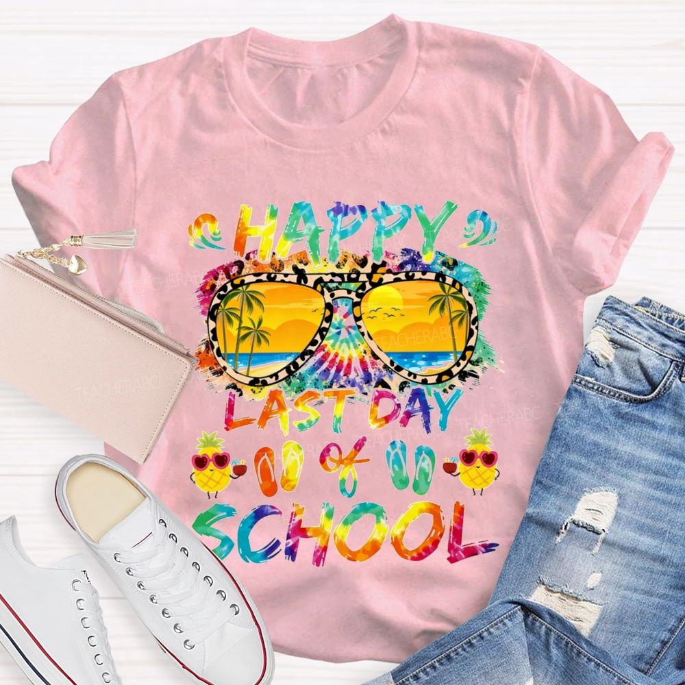 Happy Last Day Of School Colorful Tie-Dye Prints And Lettering Teacher T-shirt