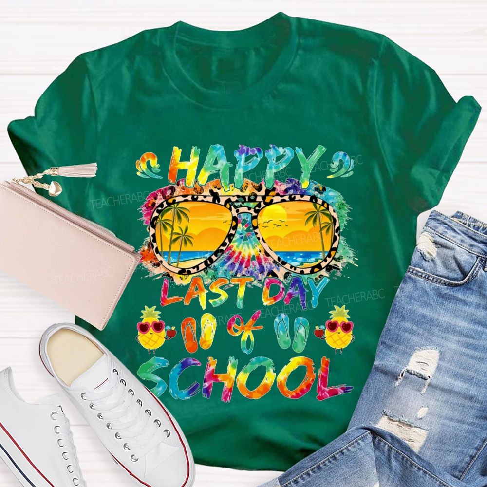 Happy Last Day Of School Colorful Tie-Dye Prints And Lettering Teacher T-shirt