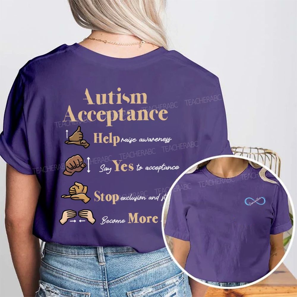 Personalized Name Autism Acceptance Help Raise Awareness Say Yes To Acceptance Double Printed T-shirt