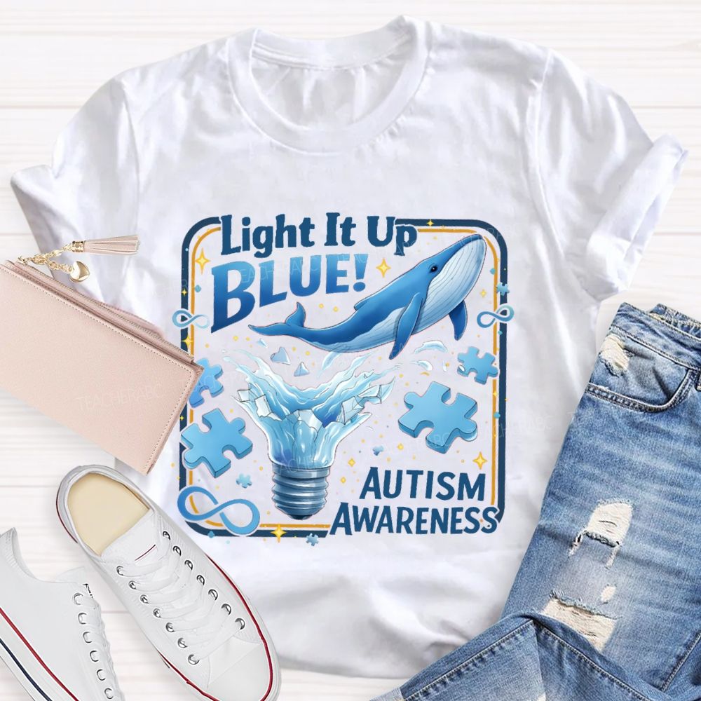 Light It Up Autism Awareness Blue Ribbon Teacher T-Shirt
