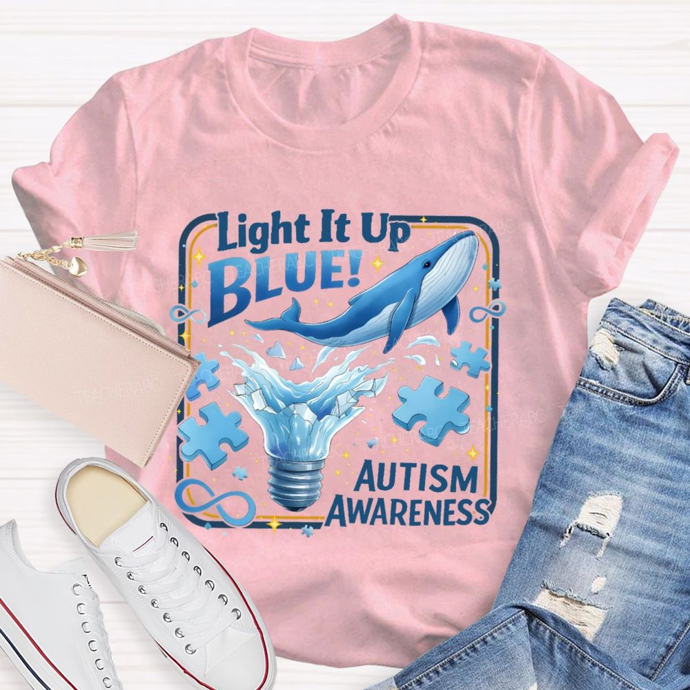 Light It Up Autism Awareness Blue Ribbon Teacher T-Shirt