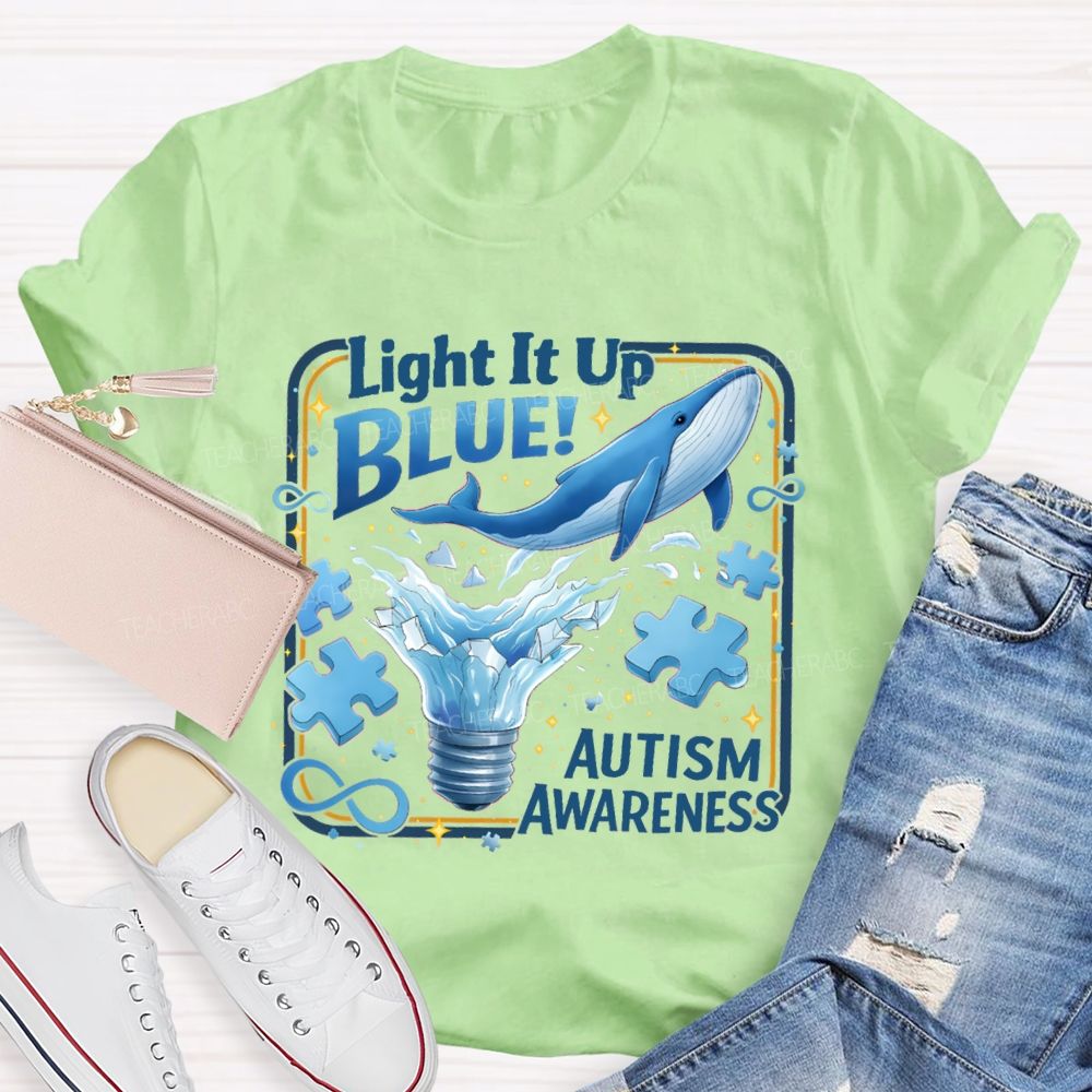 Light It Up Autism Awareness Blue Ribbon Teacher T-Shirt