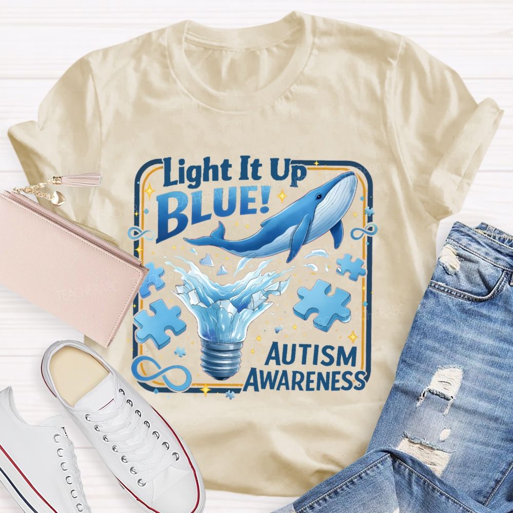 Light It Up Autism Awareness Blue Ribbon Teacher T-Shirt