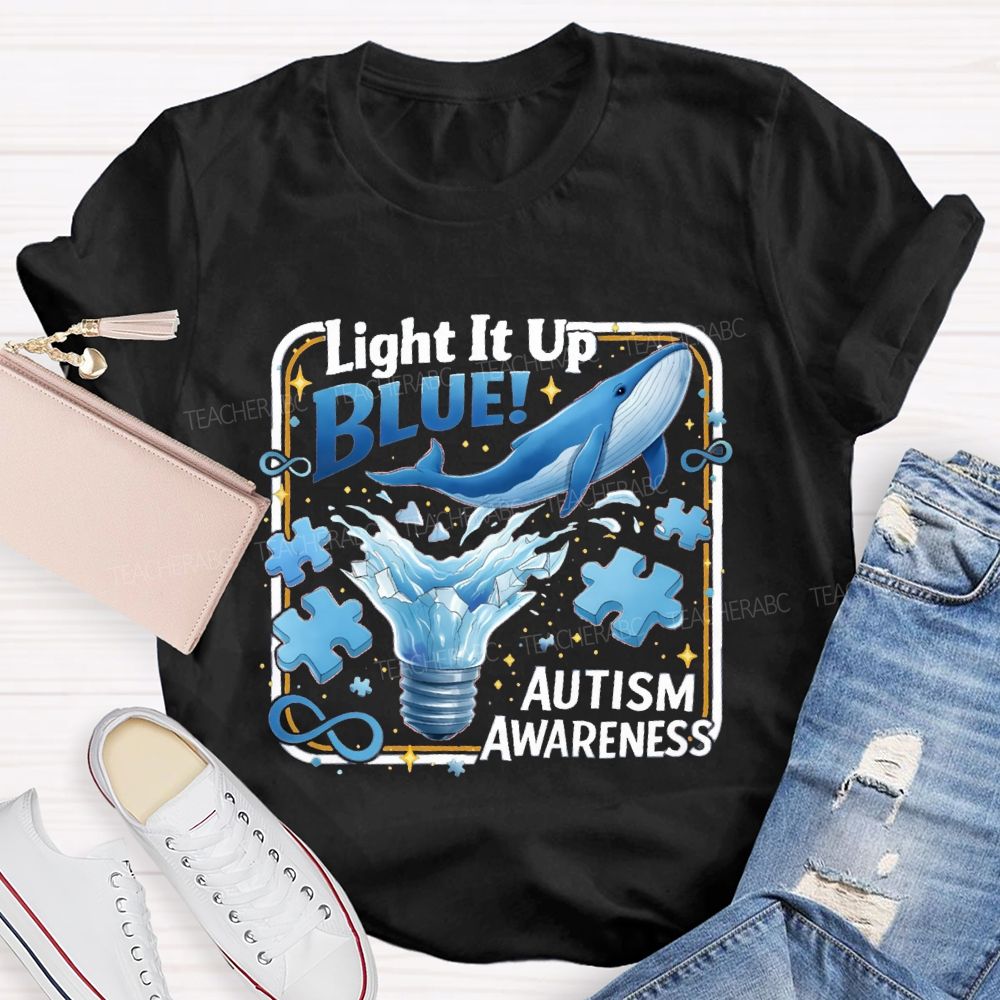 Light It Up Autism Awareness Blue Ribbon Teacher T-Shirt