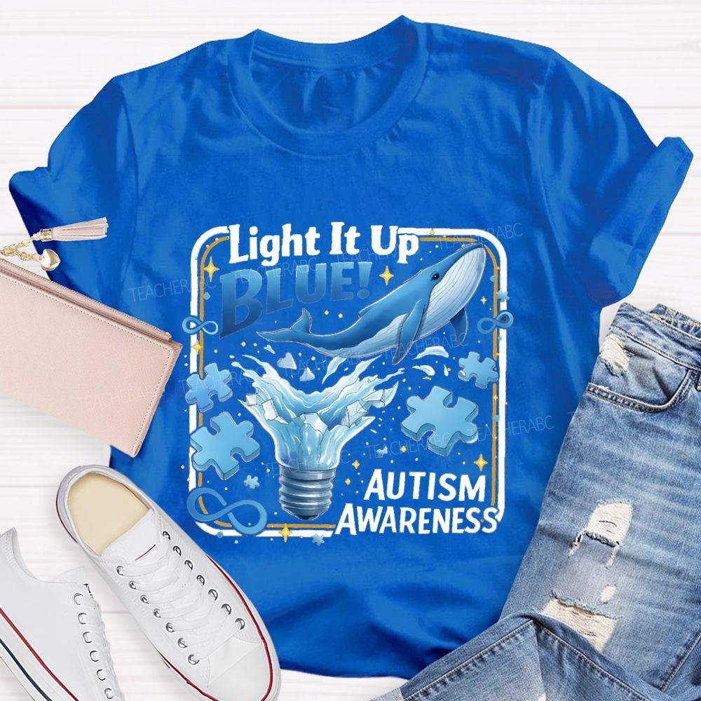 Light It Up Autism Awareness Blue Ribbon Teacher T-Shirt