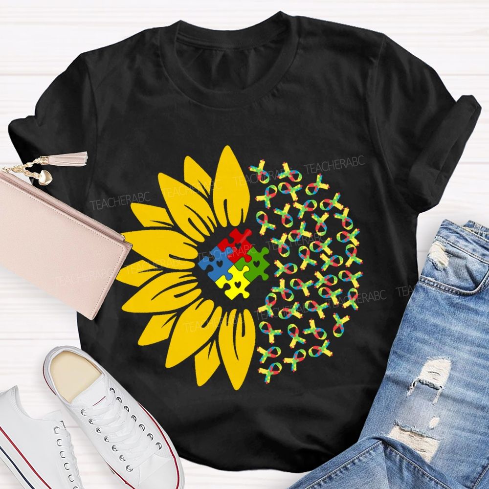 Colorful Ribbon Sunflower Teacher T-shirt