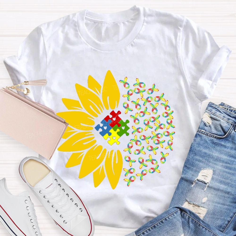 Colorful Ribbon Sunflower Teacher T-shirt