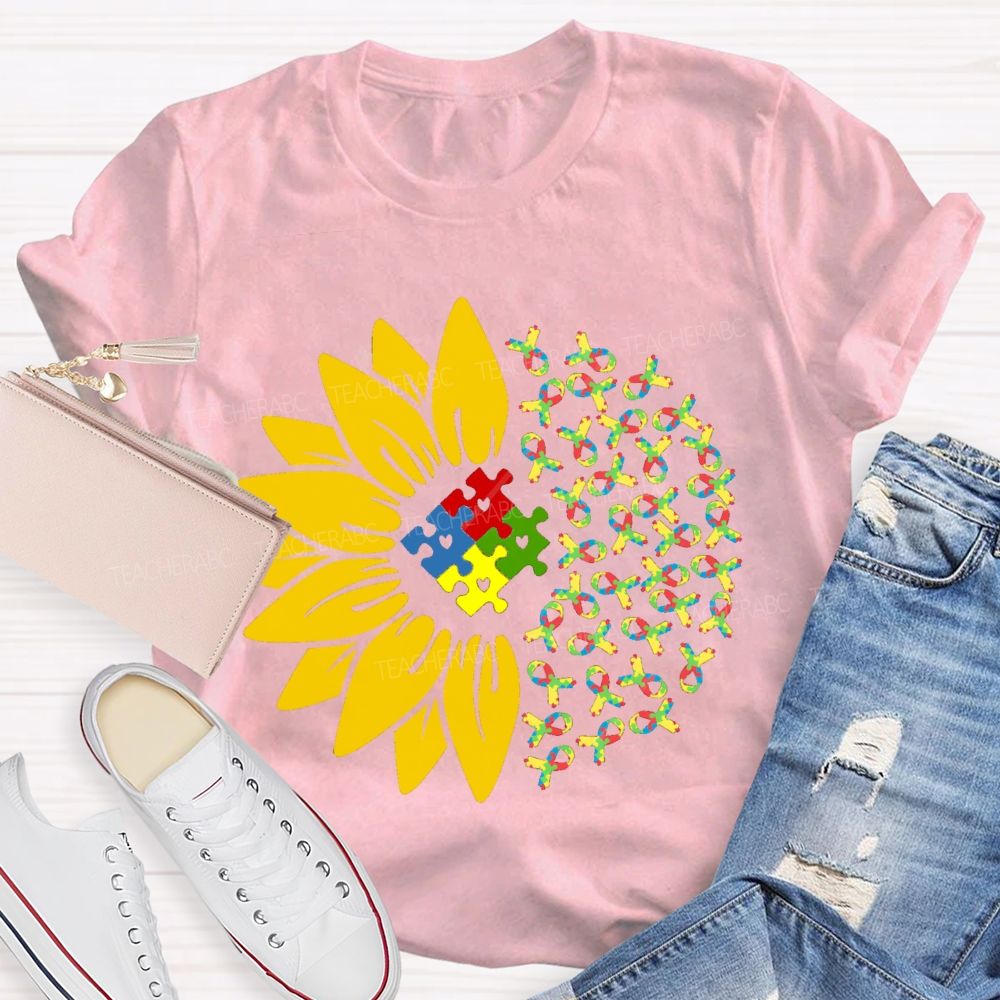 Colorful Ribbon Sunflower Teacher T-shirt