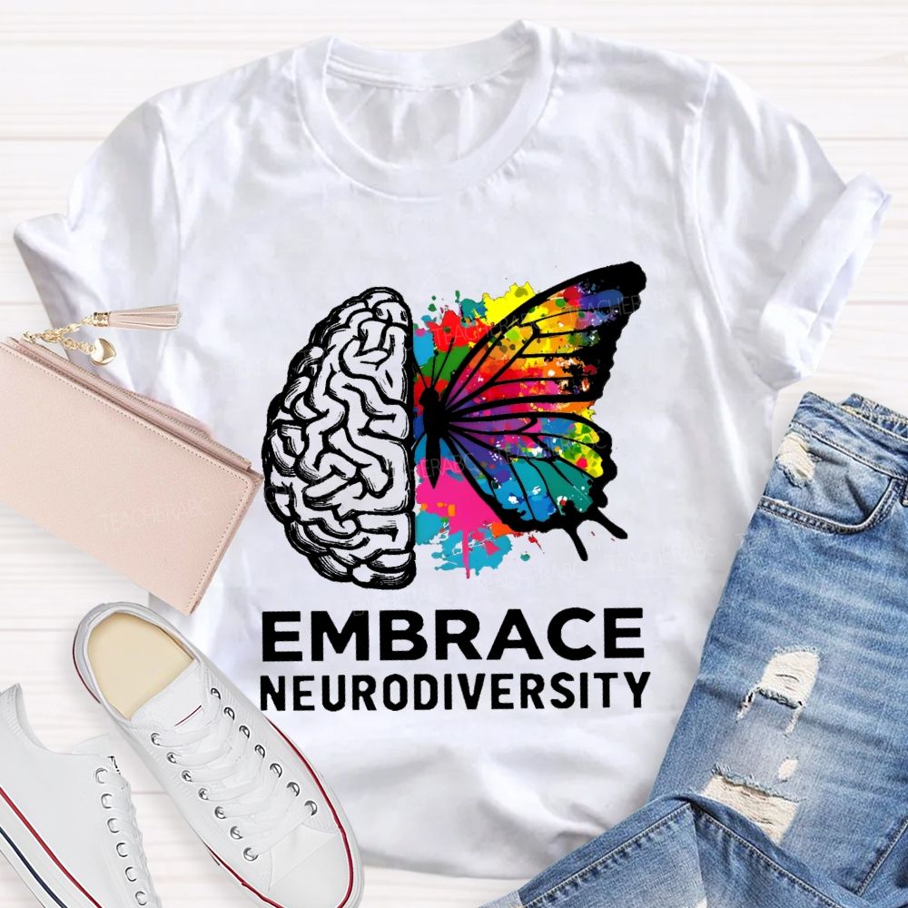 Embrace Neurodiversity Colorful Tie-Dye Butterfly Print Teacher T-shirt