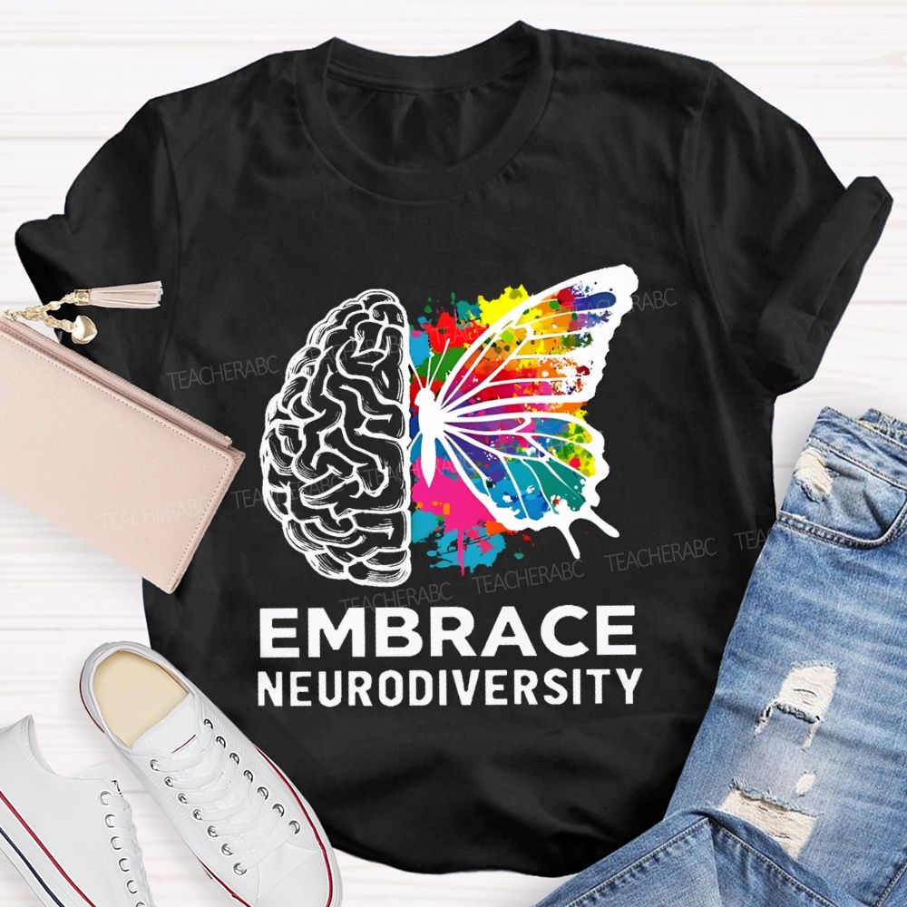 Embrace Neurodiversity Colorful Tie-Dye Butterfly Print Teacher T-shirt