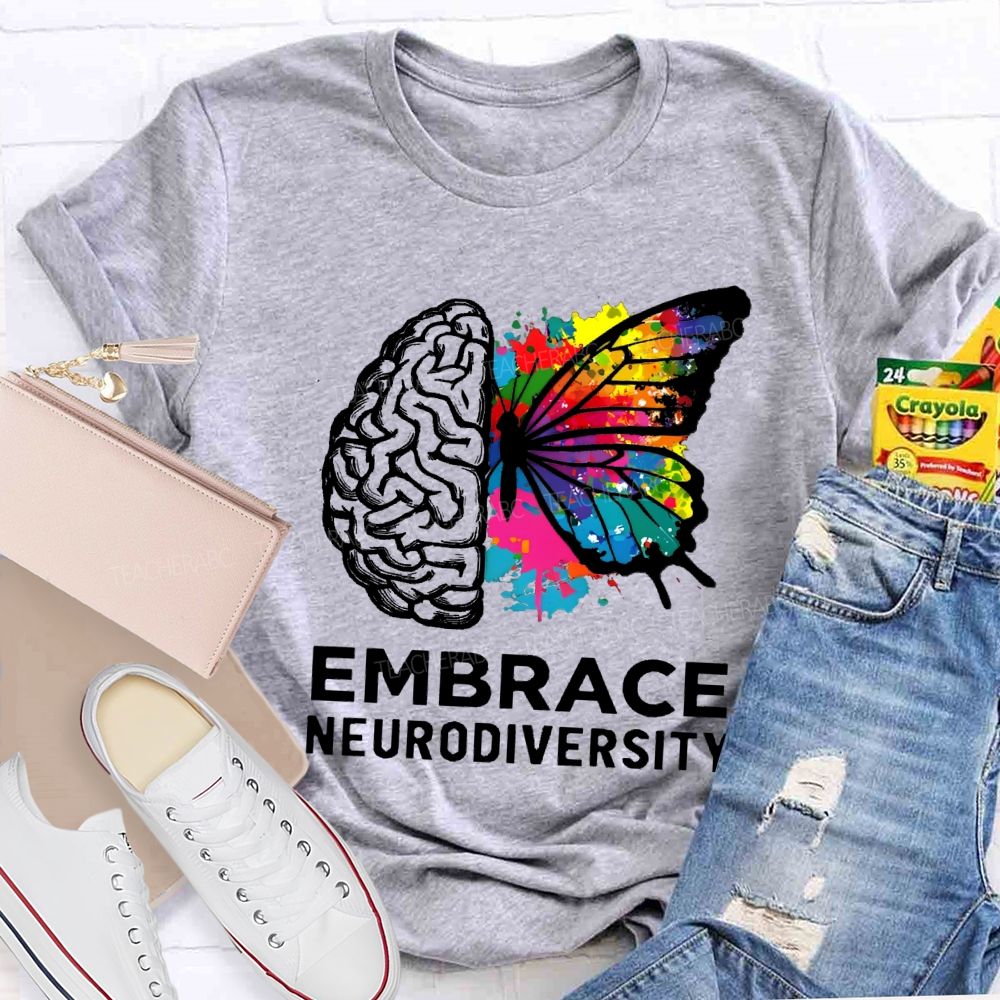 Embrace Neurodiversity Colorful Tie-Dye Butterfly Print Teacher T-shirt