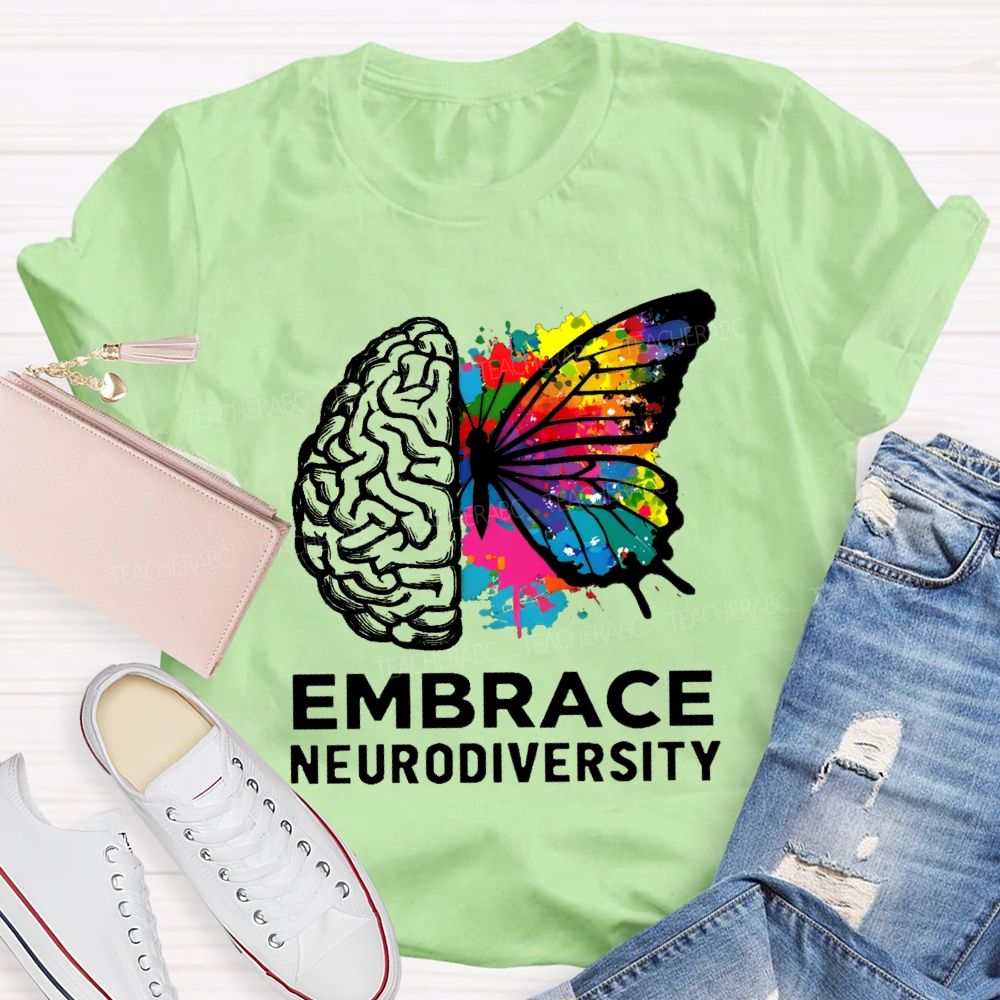 Embrace Neurodiversity Colorful Tie-Dye Butterfly Print Teacher T-shirt