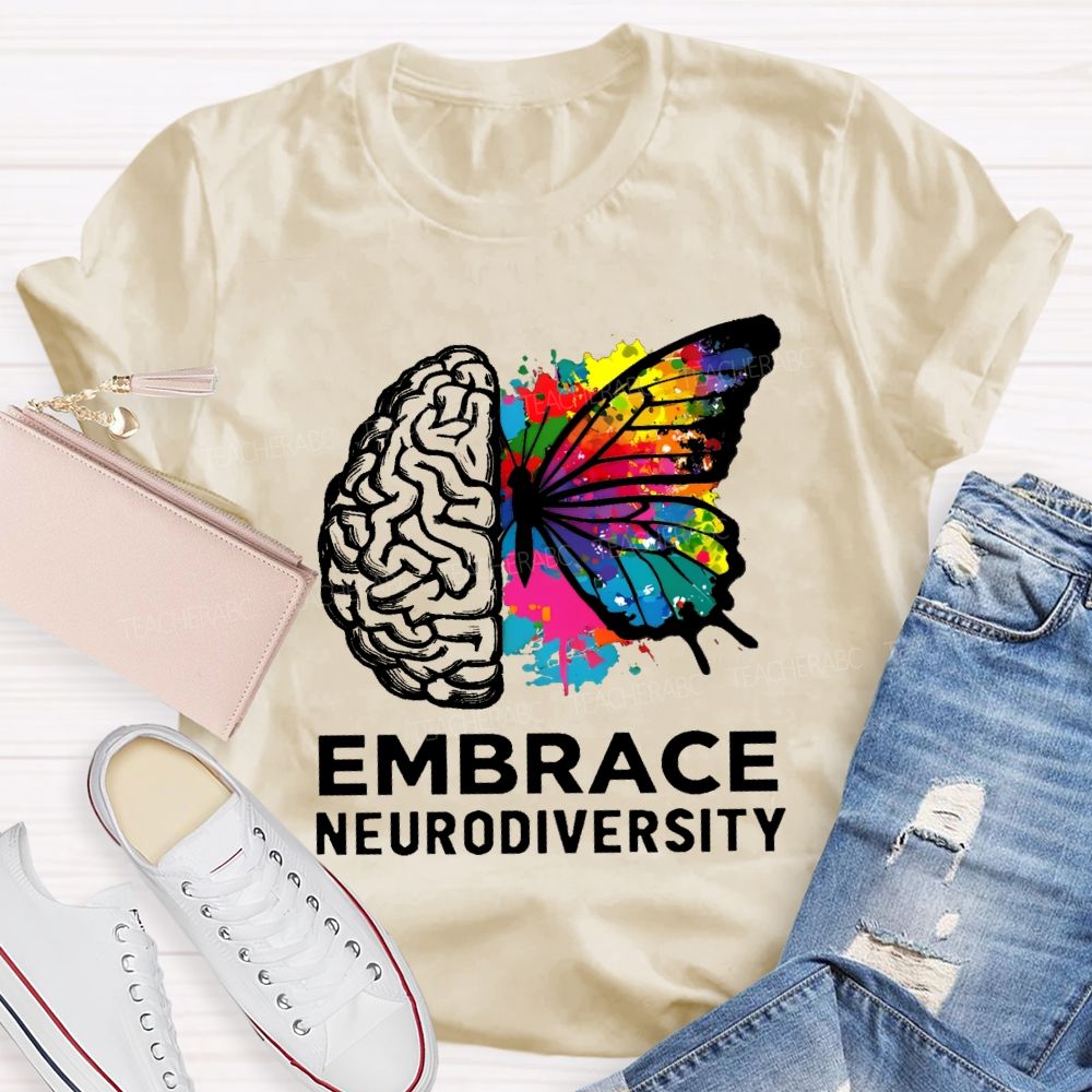 Embrace Neurodiversity Colorful Tie-Dye Butterfly Print Teacher T-shirt