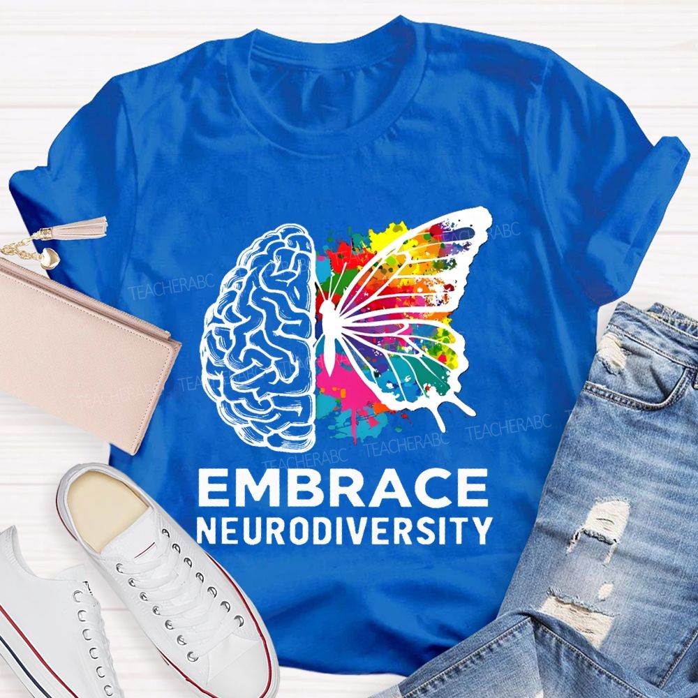 Embrace Neurodiversity Colorful Tie-Dye Butterfly Print Teacher T-shirt