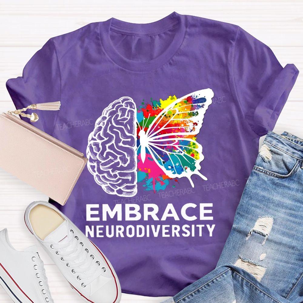 Embrace Neurodiversity Colorful Tie-Dye Butterfly Print Teacher T-shirt