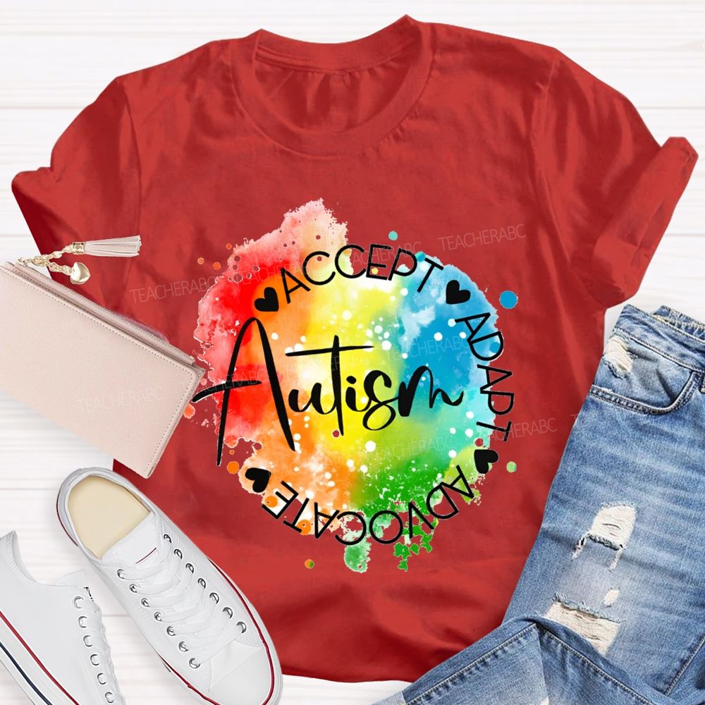 Autism Accept Adapt Advocate Gradient Tie-Dye Print Teacher T-shirt