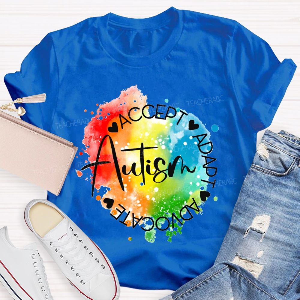 Autism Accept Adapt Advocate Gradient Tie-Dye Print Teacher T-shirt