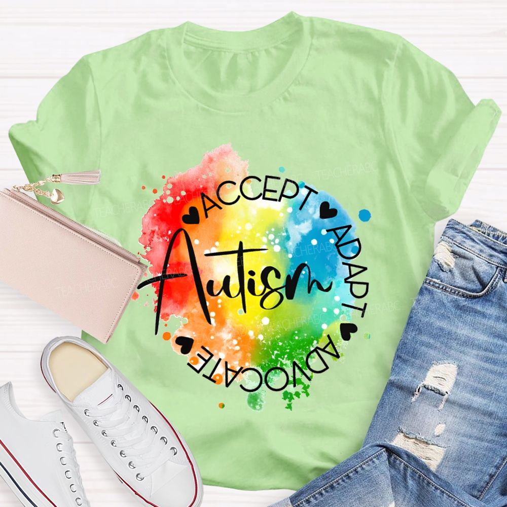 Autism Accept Adapt Advocate Gradient Tie-Dye Print Teacher T-shirt