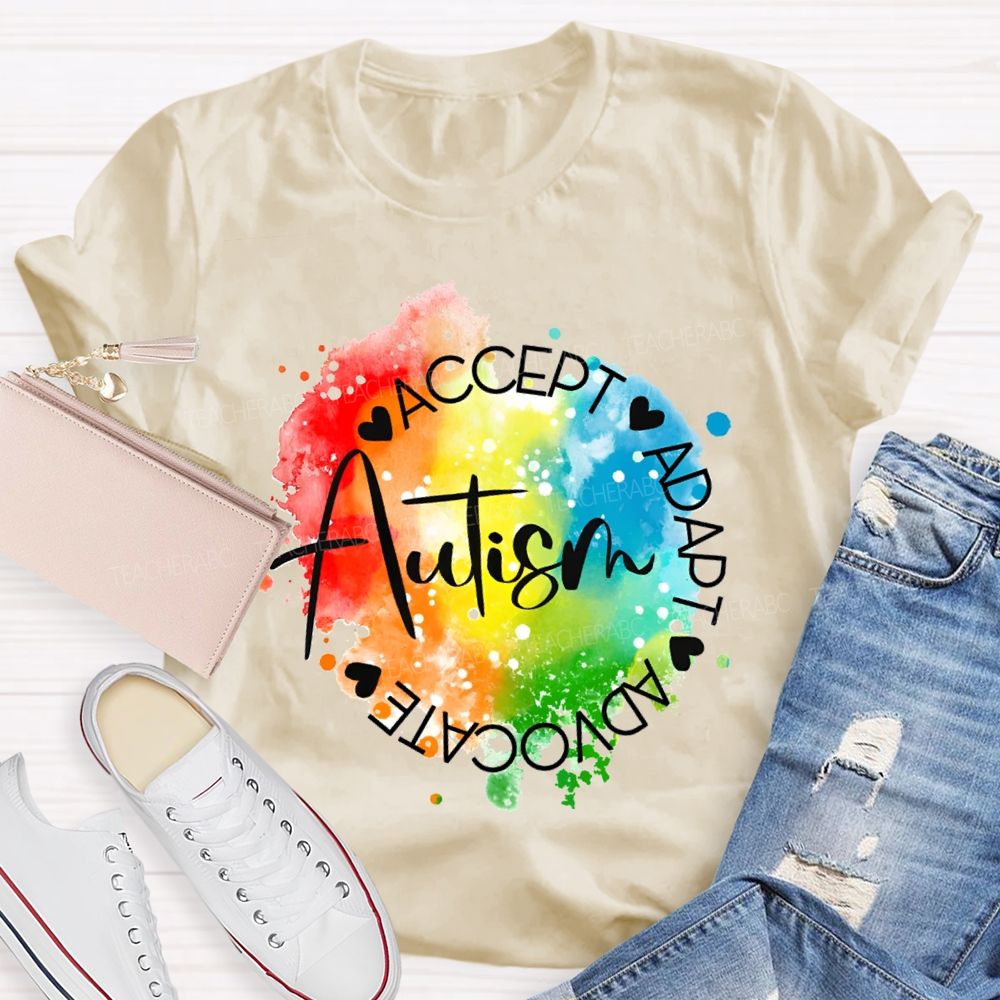 Autism Accept Adapt Advocate Gradient Tie-Dye Print Teacher T-shirt