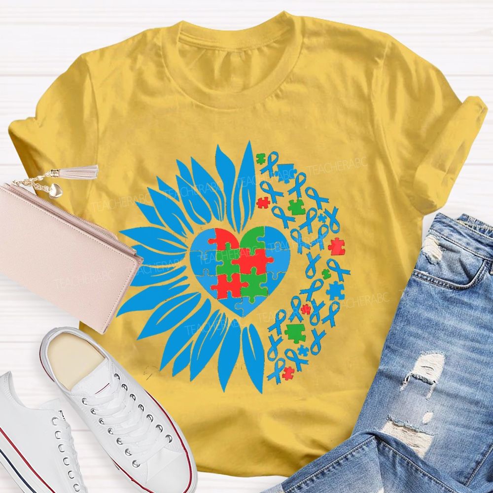 Colorful Heart Sunflower Blue Ribbon Teacher T-Shirt