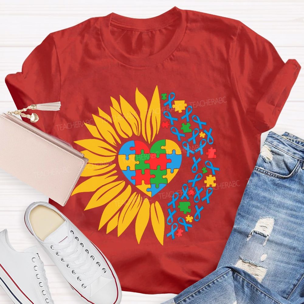 Colorful Heart Sunflower Blue Ribbon Teacher T-Shirt