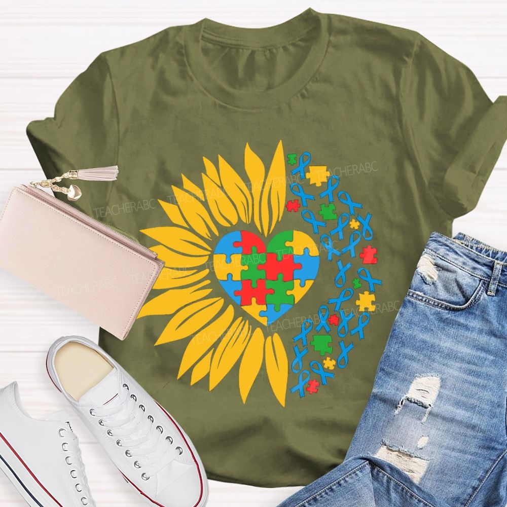 Colorful Heart Sunflower Blue Ribbon Teacher T-Shirt