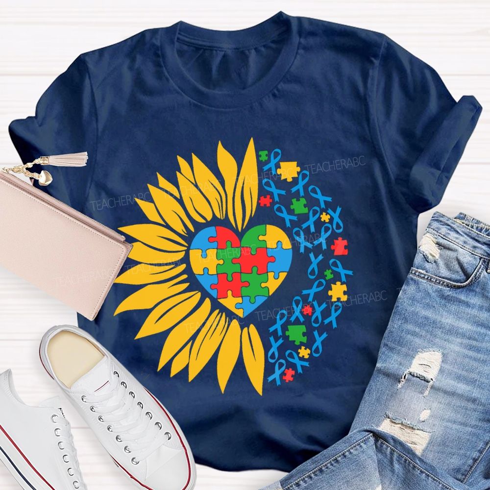 Colorful Heart Sunflower Blue Ribbon Teacher T-Shirt