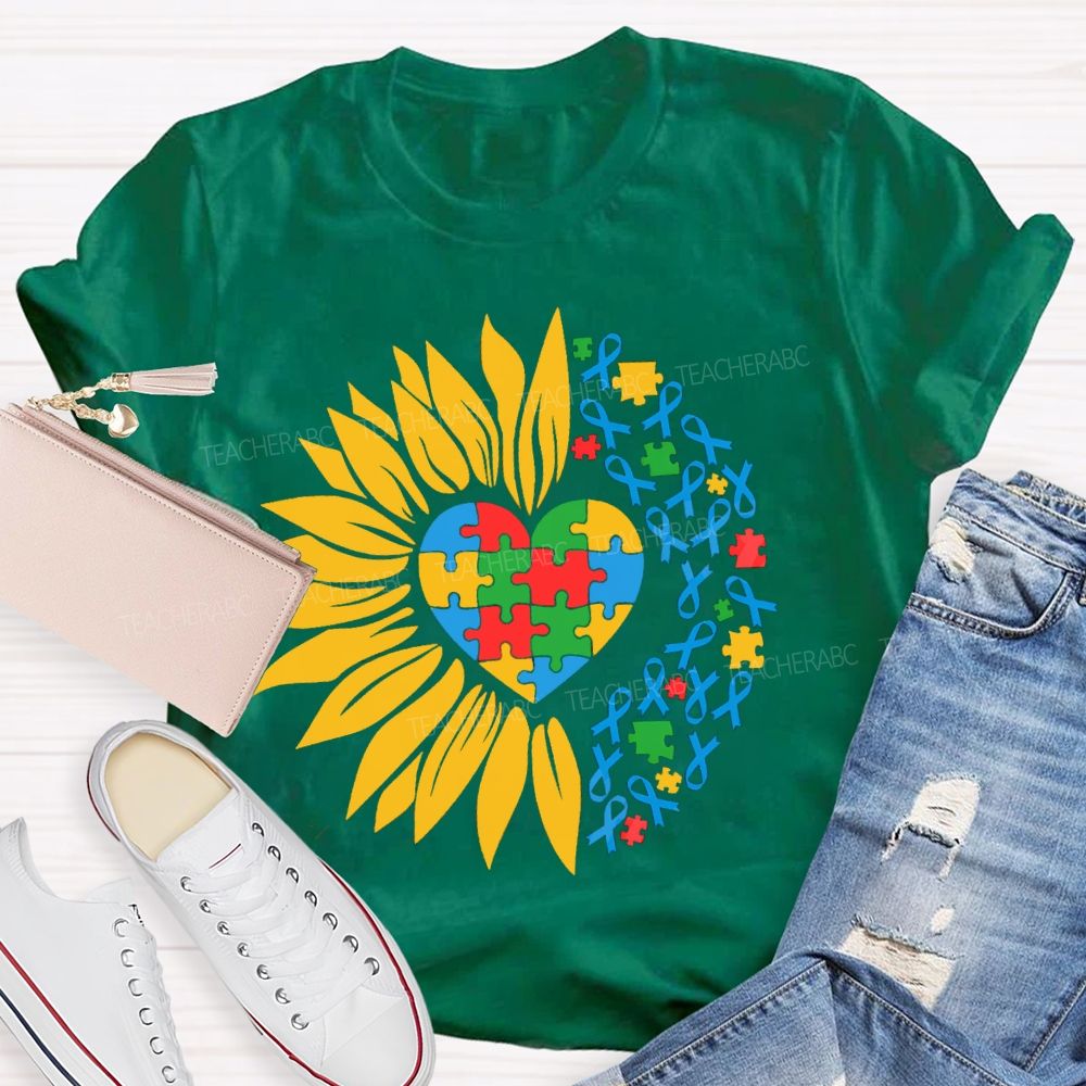 Colorful Heart Sunflower Blue Ribbon Teacher T-Shirt