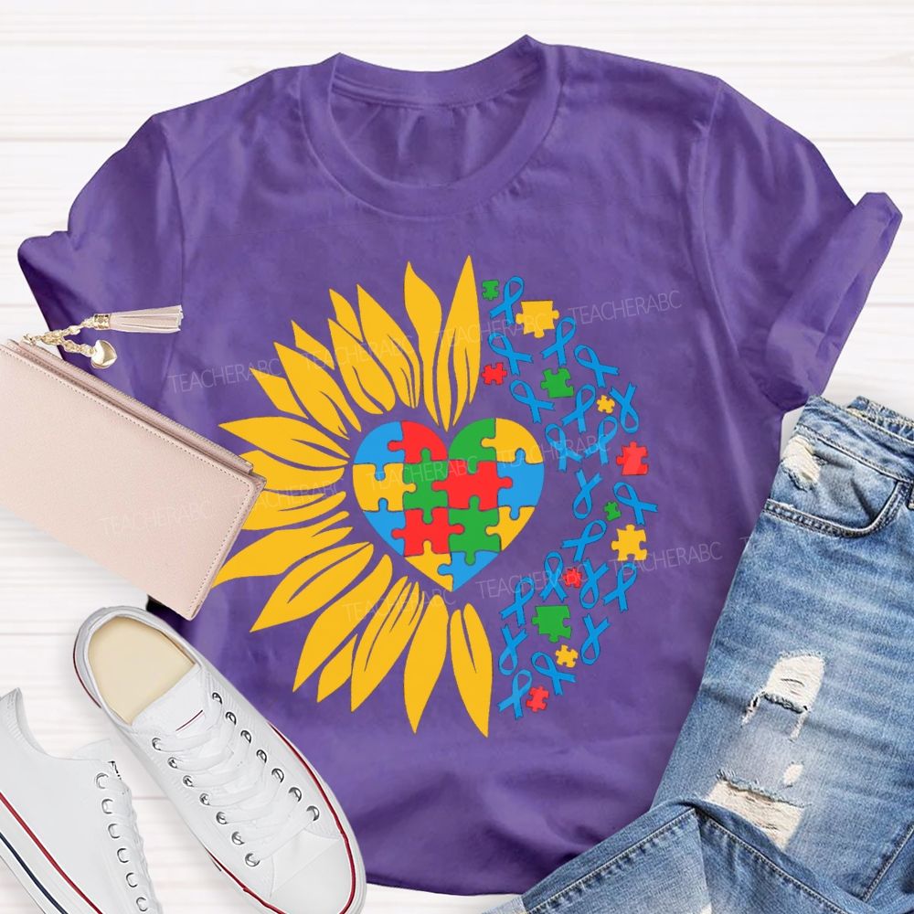 Colorful Heart Sunflower Blue Ribbon Teacher T-Shirt