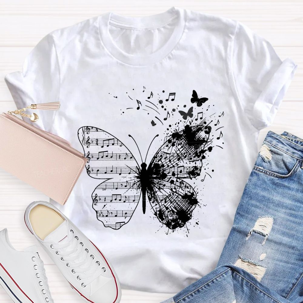 Musical Note Butterfly Print Teacher T-shirt