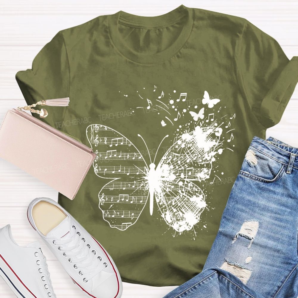 Musical Note Butterfly Print Teacher T-shirt