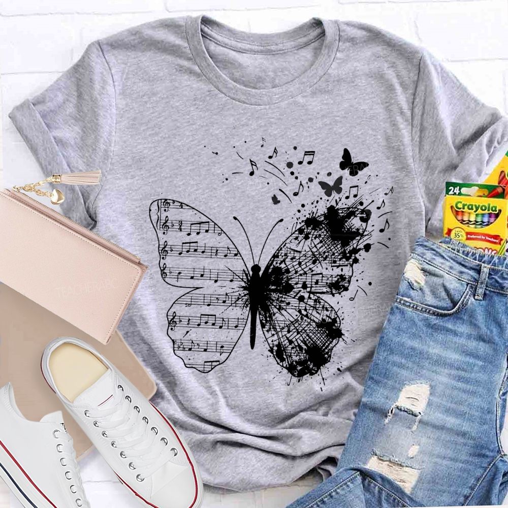 Musical Note Butterfly Print Teacher T-shirt