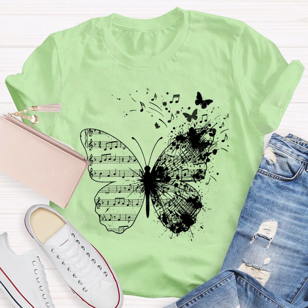Musical Note Butterfly Print Teacher T-shirt