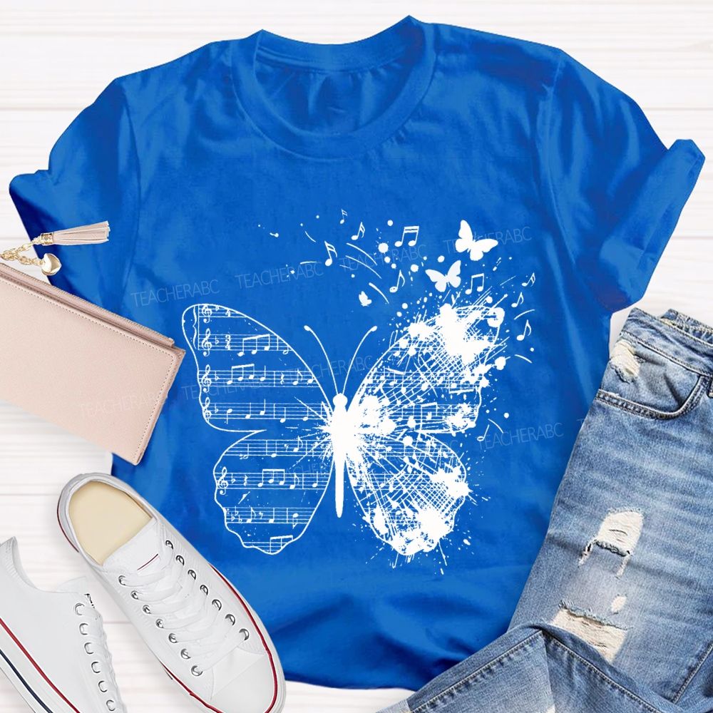 Musical Note Butterfly Print Teacher T-shirt