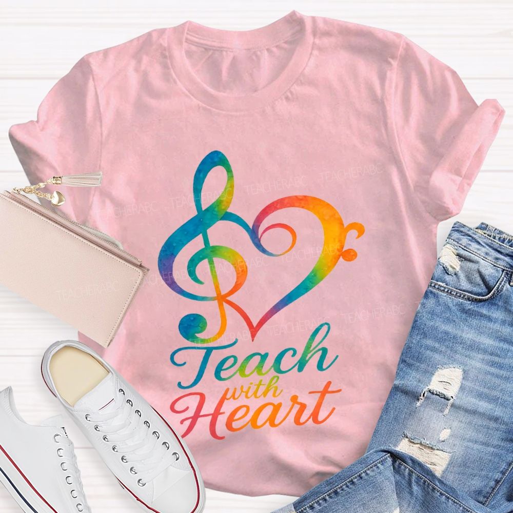 Teach With Heart Heart-Shaped Musical Notes Teacher T-shirt