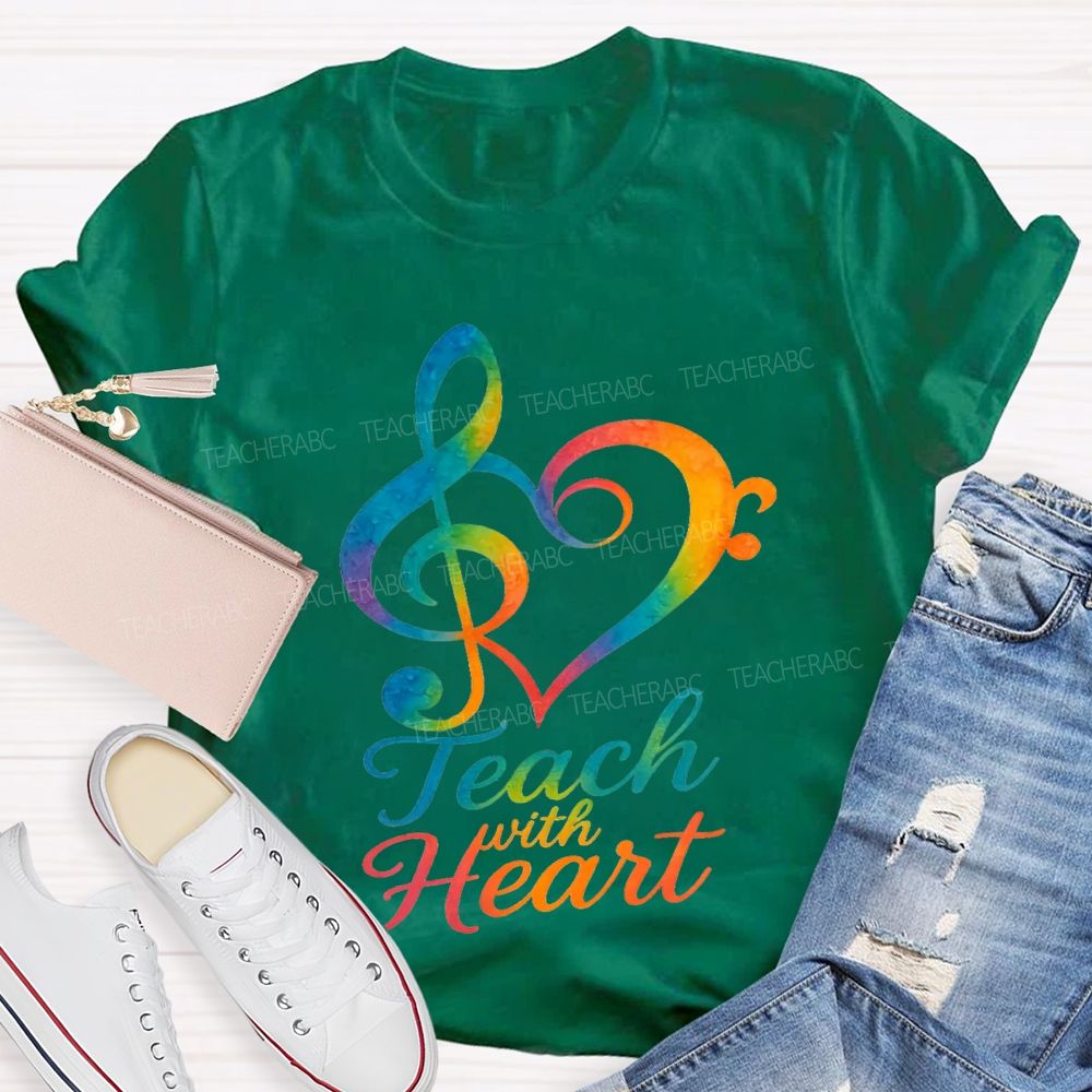 Teach With Heart Heart-Shaped Musical Notes Teacher T-shirt